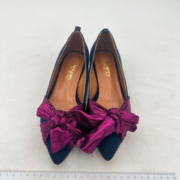 XYD Navy Bowknot Pointed Toe Slip On Low Heels Pumps Soft Suede Party Shoes - Picture 3 of 8